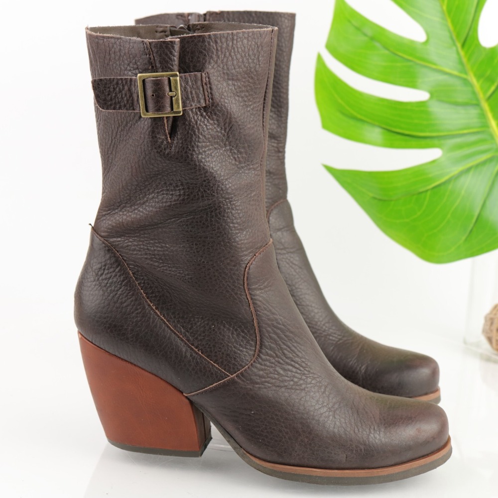Korks Womens Turner Boots Size 9.5 Brown Leather Mid Block Heel Buckle Booties
